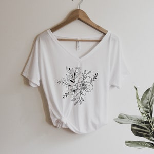 Flower Corsage Shirt Oversized Slouchy V Neck Tee Loose tshirt boho gift for her