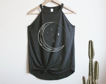 Crescent Moon Rocker Tank Top High Neck shirt mother's day gift for her, Celestial, Moon phases. crescent moon, boho, stars