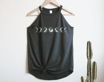 Moon Progression Rocker Tank Top High Neck shirt mother's day gift for her, Celestial, Moon phases, phase crescent moon, boho, stars