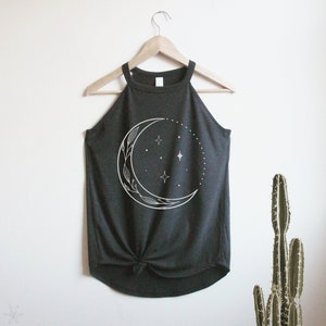 Crescent Moon Rocker Tank Top High Neck shirt mother's day gift for her, Celestial, Moon phases. crescent moon, boho, stars