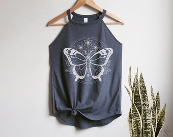 Floral Butterfly Rocker Tank Top High Neck shirt mother's day gift for her, hippie, boho, flowers, wildflower, botanical