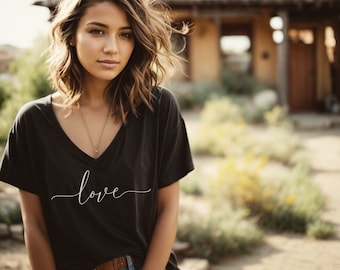 Love cursive Oversized Slouchy V Neck Tee Loose tshirt boho gift for her