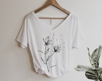 Windy Wildflower Shirt Oversized Slouchy V Neck Tee Loose tshirt boho gift for her, hippie, wildflowers, flower, floral, simple drawing