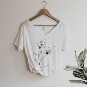 Windy Wildflower Shirt Oversized Slouchy V Neck Tee Loose tshirt boho gift for her, hippie, wildflowers, flower, floral, simple drawing