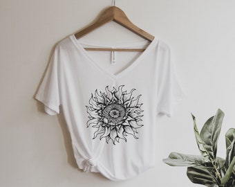 Sunflower Shirt Oversized Slouchy V Neck Tee Loose tshirt boho gift for her