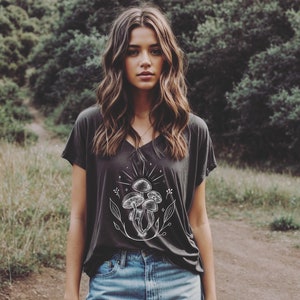 Mushroom Botanical Shirt Flowers Oversized Slouchy V Neck Tee Loose tshirt boho gift for her, floral, mushrooms, fairytale