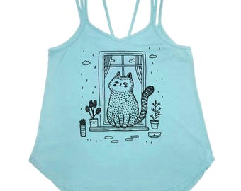 CLEARANCE Kitty Cat in window Strappy Tank Top Ladies Shirt slouchy hippie boho style aesthetic cats