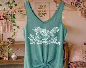 Linocut Bird Blockprint style V-neck Tank Top shirt nature inspired Hippie, boho,