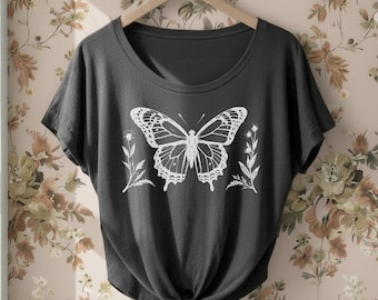 Butterfly Flowers Dolman Triblend Tee Loose Slouchy t-shirt gift for her, hippie boho shirt