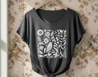 Floral Bird Dolman Triblend Tee Loose Slouchy t-shirt gift for her, hippie boho, birds shirt, bird watching, flowers, botanical, nature