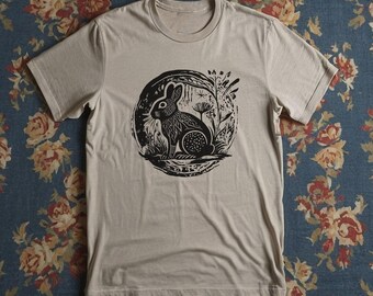 Rabbit Hole T-Shirt UNISEX Crew neck bunny rabbits flowers block print style