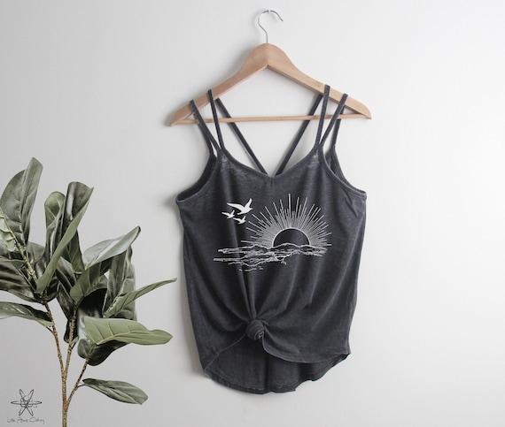 Sunset Birds Strappy Tank Top Ladies Shirt screenprint Mother's Day gift for her, flock, nature inspired, sunrise, sun, summertime, slouchy
