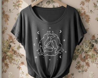 Three Hares Symbol Celestial Dolman Triblend Tee Loose Slouchy t-shirt hippie boho moon phases Block print shirt