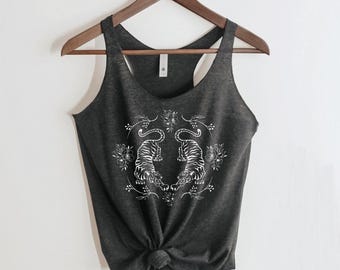 Tiger Tank Top Tigers shirt mother's day gift for her, hippie, boho, 80's, vintage style, botanical, flowers, floral, tattoo asian art
