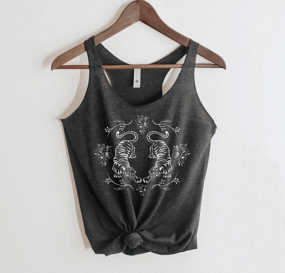 Tiger Tank Top Tigers shirt mother's day gift for her, hippie, boho, 80's, vintage style, botanical, flowers, floral, tattoo asian art