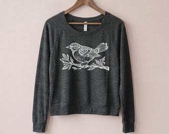 Linocut Bird on a branch Triblend Pullover slouchy long sleeve shirt t-shirt botanical tee, nature shirt Blockprint Y2K style