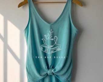 Tea and Books V-neck Tank Top shirt mother's day gift, Hippie, boho, books, reading, literary, funny book lover gift, read, library