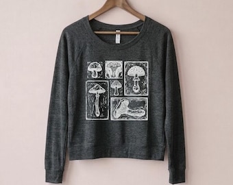 Linocut Mushrooms Triblend Pullover slouchy long sleeve shirt t-shirt mushroom tee, nature shirt Block print Woodland Cottagecore Y2K style