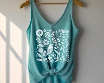 Floral Bird V-neck Tank Top flowers floral botanical shirt mother's day gift, nature, wild and free Hippie, boho, birds, vintage style
