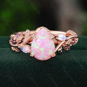 Pear shaped Pink opal engagement ring Unique rose gold leaf ring Marquise moonstone ring Art deco amethyst vine ring Botanical promise ring