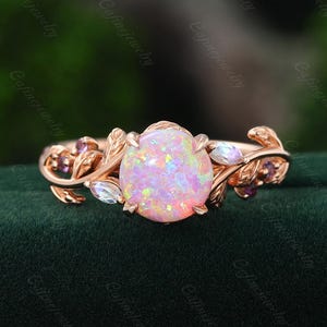 Vintage Pink Opal rose gold engagement ring unique marquise cut moonstone Botanical ring gold Amethyst ring promise October birthstone ring