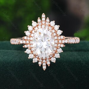 Vintage Oval Moissanite engagement ring Rose gold engagement ring Double Halo ring Diamond ring Unique ring Bridal Promise ring gift for her