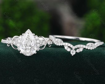 Pear Lab grown Diamond engagement ring set Twist Half halo white gold ring Bridal set Curved Diamond wedding ring set Promise ring set women