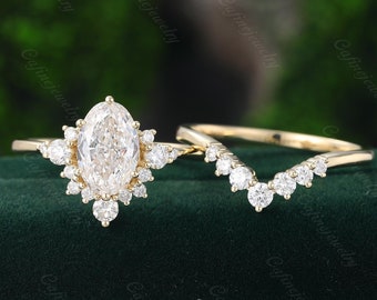 Oval cut Lab grown Diamond engagement ring set Vintage yellow gold ring Bridal ring set Diamond wedding ring set Promise ring gift women