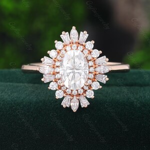 Unique Oval Moissanite engagement ring Vintage Rose gold engagement ring Double Halo ring Baguette Diamond ring Bridal Promise ring gift her