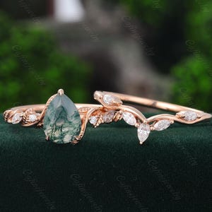 Anillo de compromiso vintage de ágata musgosa en forma de pera, anillo de oro rosa, anillo nupcial de hoja, anillo de boda con diamantes de talla marquesa, anillo de promesa para ella