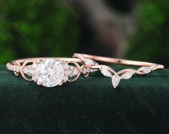 Cluster Lab grown Diamond engagement ring set half eternity halo Rose gold ring Bridal set Pear shaped Diamond wedding ring set Promise ring