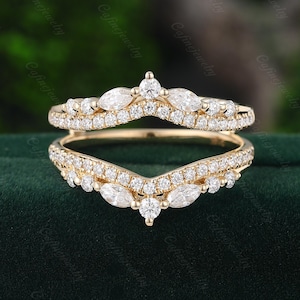 Marquise cut Diamond Double Curved Wedding Band yellow Gold Unique Diamond Ring Enhancer Stacking Matching Promise Guard band Custom Rings