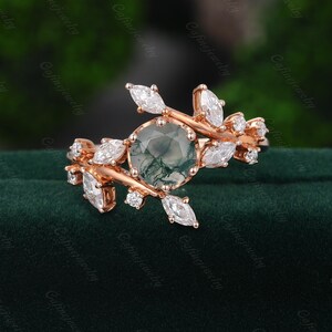 Branch Moss agate ring Unique Rose gold engagement ring Marquise cut diamond cluster ring Diamond Vine ring women Bridal promise ring women