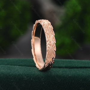 Blatt Ehering Massiv 14k Rose gold Ehering Schlichter Milgrain Ring Damen Herren Schlicht Goldring Stapeln passenden Band Geschenk Ehering