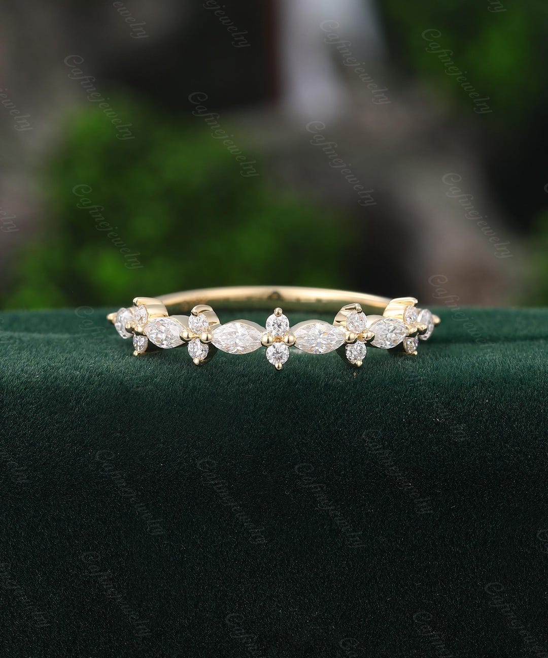 Marquise Cut Moissanite Wedding Band Yellow Gold Half Eternity Ring Lab ...