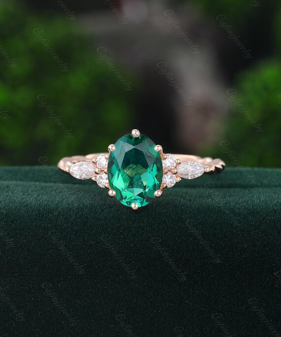 Vintage Oval Cut Emerald Ring Unique Rose Gold Half Infinity