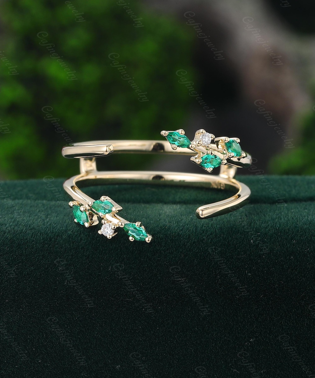 Marquise Cut Emerald Double Wedding Band Yellow Gold Leaf Diamond ...