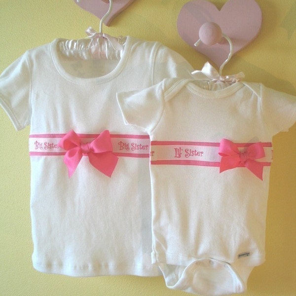 Big Sister \/ Little Sister Boutique Ribbon Shirt Set - Short Sleeve Onesie and T-Shirt