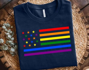 Rainbow American Flag Pride Shirt, LGBTQ USA Flag Tee, Gay Pride Patriotic T-Shirt,Queer Independence Day Shirt,Pride Month Outfit,LGBT Gift
