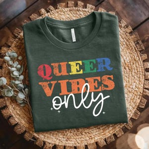 Chemise queer vibes uniquement, t-shirt graphique fierté LGBT, t-shirt esthétique queer arc-en-ciel, haut fierté inclusive drôle, chemise du mois de la fierté gaie, t-shirt queer
