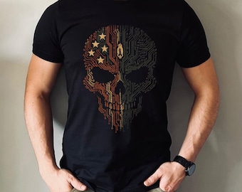 Patriotic Shirt, Tech Skull 4th of July Shirt, Circuit Skull Tee,American Flag Skull,Independence Day Shirt,Cyberpunk USA,Edgy Patriotic Tee