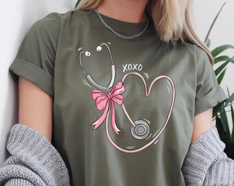 Coquette Stethoscope Nurse Sweatshirt, Stethoscope Pink Bow Tshirt, XOXO Nurse Shirt, Gift for Nurse,Healthcare Nurse Practitioner Valentine