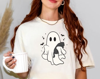 Cute ghost Halloween Shirt, Black cat Halloween Shirt, Halloween Shirt, Trending shirt, Spooky Season shirt, Animal lover Halloween gift