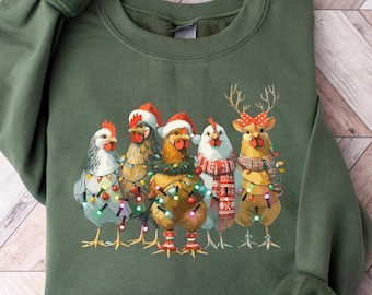 Funny Christmas Chicken Sweatshirt, Farm Hen Crewneck, Holiday Rooster Shirt, Xmas Lights Chicken Tee, Farm Animal Gift