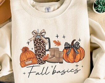 Fall Basics Sweatshirt | Cute Cozy Autumn T-Shirt | Pumpkin Spice Season Tee | Ugg Boot Leopard Cup Shirt | October Fall Outfit, Fall Trends