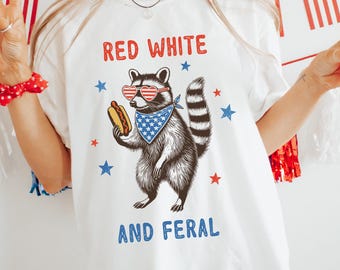 Camiseta roja, blanca y salvaje, divertida camiseta de mapache del 4 de julio, camiseta patriótica de perrito caliente, camiseta humorística de EE. UU., camiseta del Día de la Independencia, camiseta de barbacoa salvaje