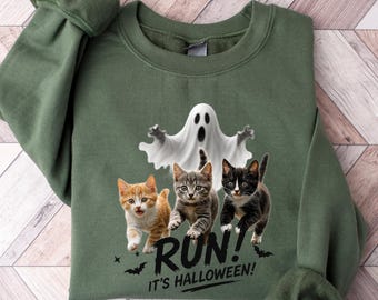 Run Its Halloween Cat Sweatshirt Funny Ghost Cat Mom Gift Spooky Kitten Shirt Halloween Cat Lover Fall T-shirt