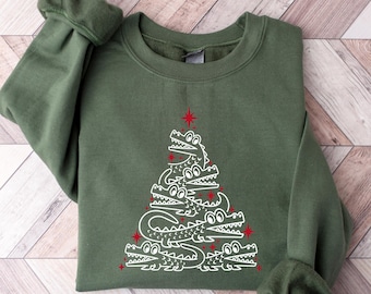 Alligator Christmas Tree Sweatshirt, Crocodile Holiday Sweatshirt, Funny Christmas Shirts, Womens Xmas Sweater, Funny Animal Christmas Tee
