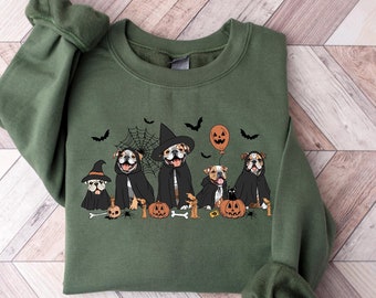 Bulldog Halloween-sweatshirt, shirt met spook en heks en bulldog, bulldog-shirt, cadeau voor hondenliefhebbers, shirt met spookhond, schattig spookhond-T-shirt, honden-T-shirt