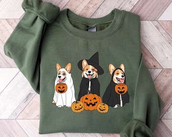 Halloween-sweatshirt met spook- en heksen-Corgi-hond, shirt met spook-Corgi-hond, retro Halloween-shirt, cadeau voor hondenliefhebbers, shirt met spookhond, dierenliefhebber